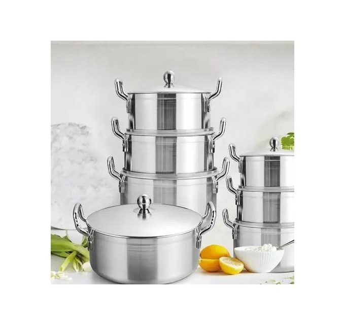 14 Pieces Heavy Cookware Saucepan Set Made Of Pure Aluminium-Silver